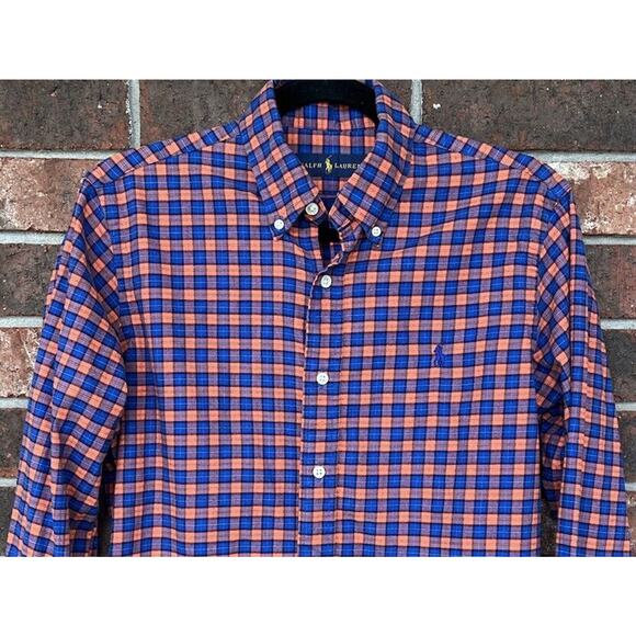 Ralph Lauren Button Down Shirt Blue & Orange Plaid Mens S Classic Fit All Cotton - Picture 1 of 5